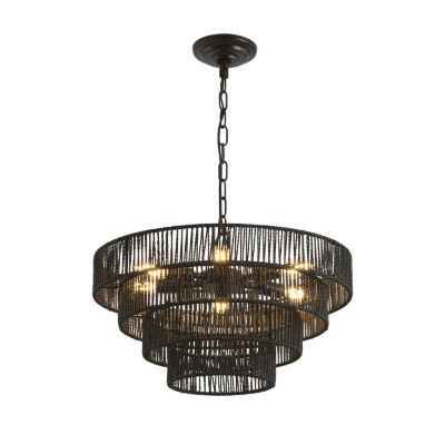 4-Tier Black Hemp Rope Chandelier with 6 Sockets, UL Listed Hardwired Pendant Light