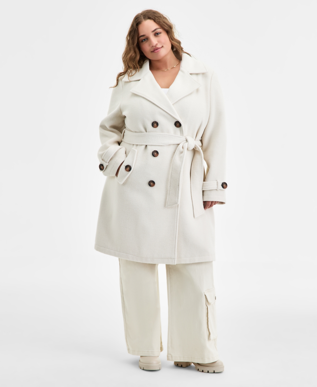 Steve Madden Plus Size Double-breasted Belted Trench Coat In White