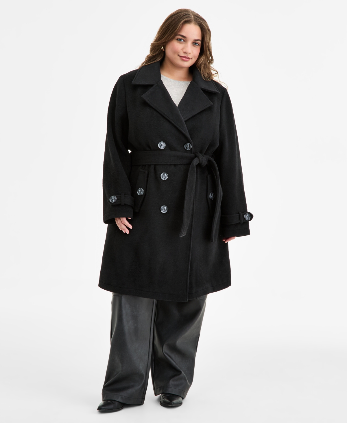 Steve Madden Plus Size Double-breasted Belted Trench Coat In Black