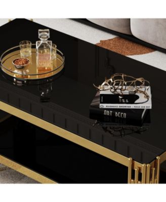 Streamdale Top and Bottom Double Layer Tempered Glass Coffee Table and Mirror Finished Stainless Steel Frame