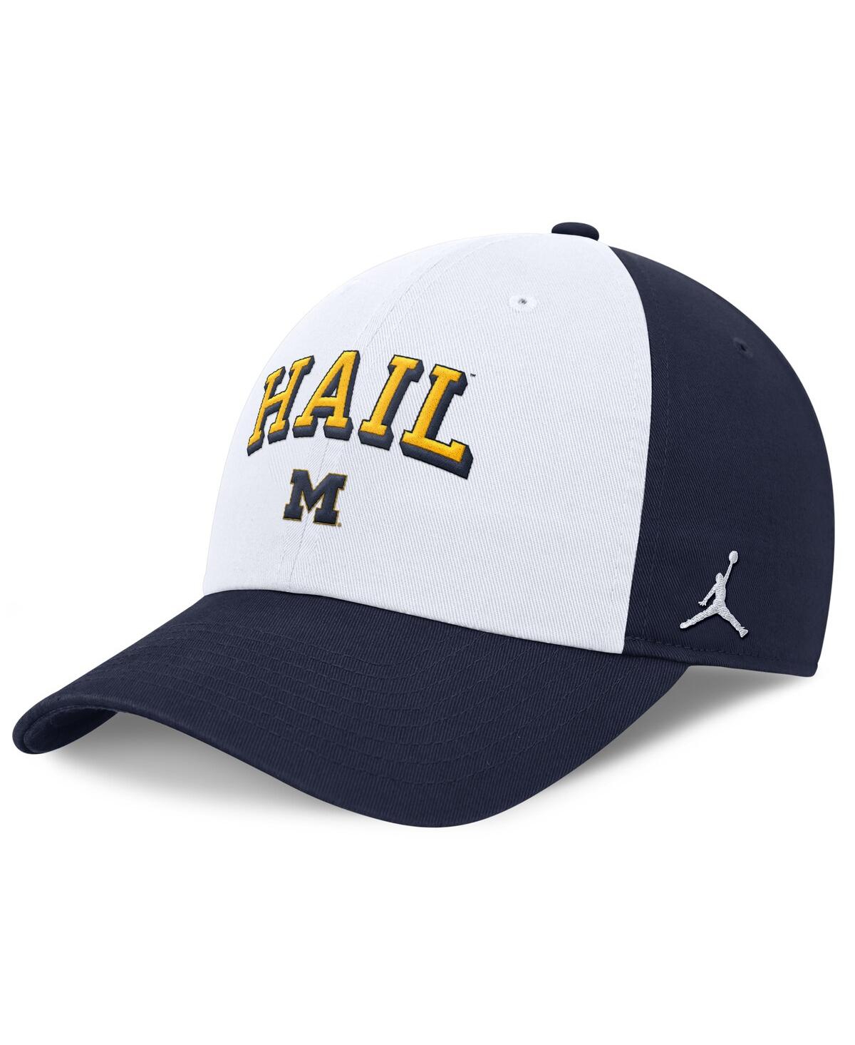JORDAN MEN'S WHITE/NAVY MICHIGAN WOLVERINES CLUB SWOOSH PERFORMANCE ADJUSTABLE HAT 