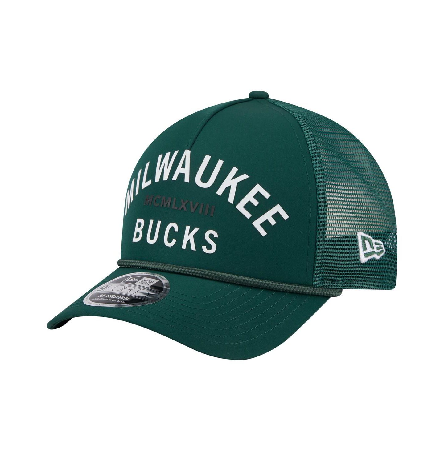 Мужская кепка New Era Hunter Green Milwaukee Bucks Minimalist A-Frame 9FORTY Trucker Hat — фото 1