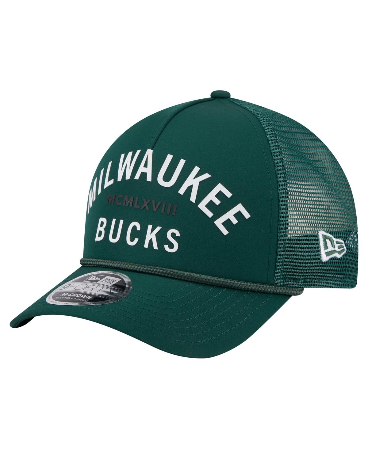 NEW ERA MEN'S HUNTER GREEN MILWAUKEE BUCKS MINIMALIST A-FRAME 9FORTY TRUCKER HAT 