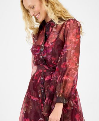Women's Printed Button-Front Long-Sleeve Gown
