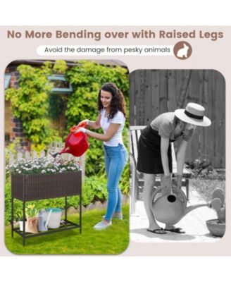 Wicker Raised Garden Bed with Storage Shelf and Removable Liner for Flowers