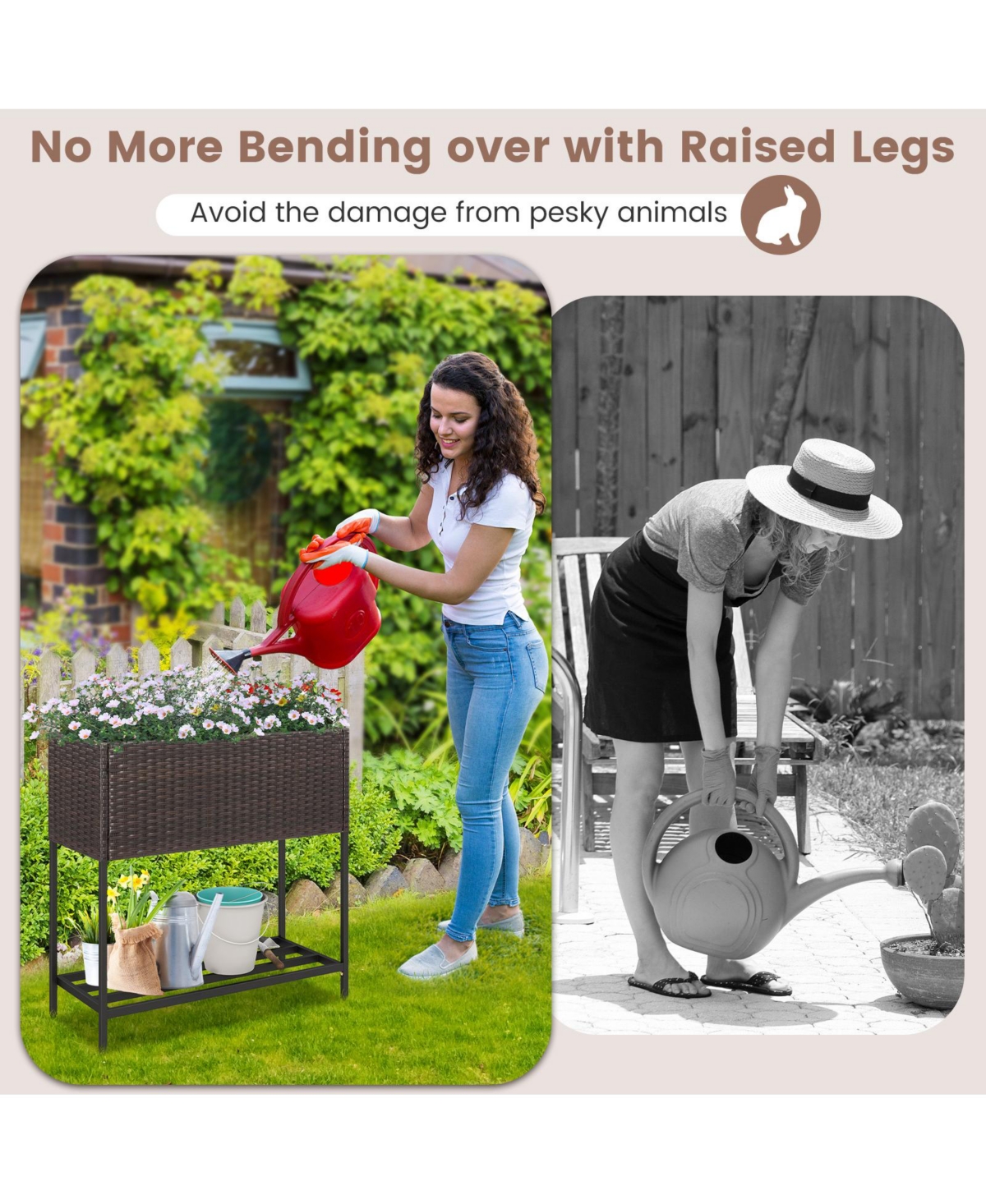 Wicker Raised Garden Bed with Storage Shelf and Removable Liner for Flowers