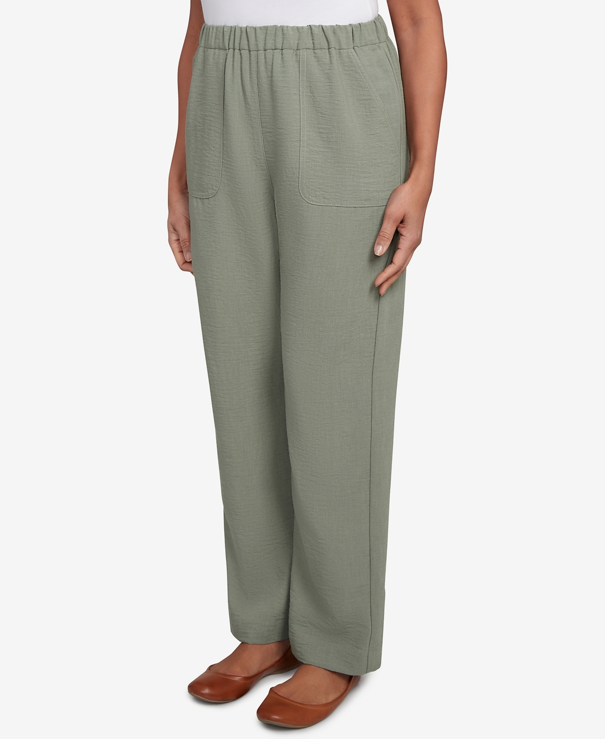 Alfred Dunner Petite Copper Canyon Patch Pocket Medium Length Elastic Waistband Pants In Green