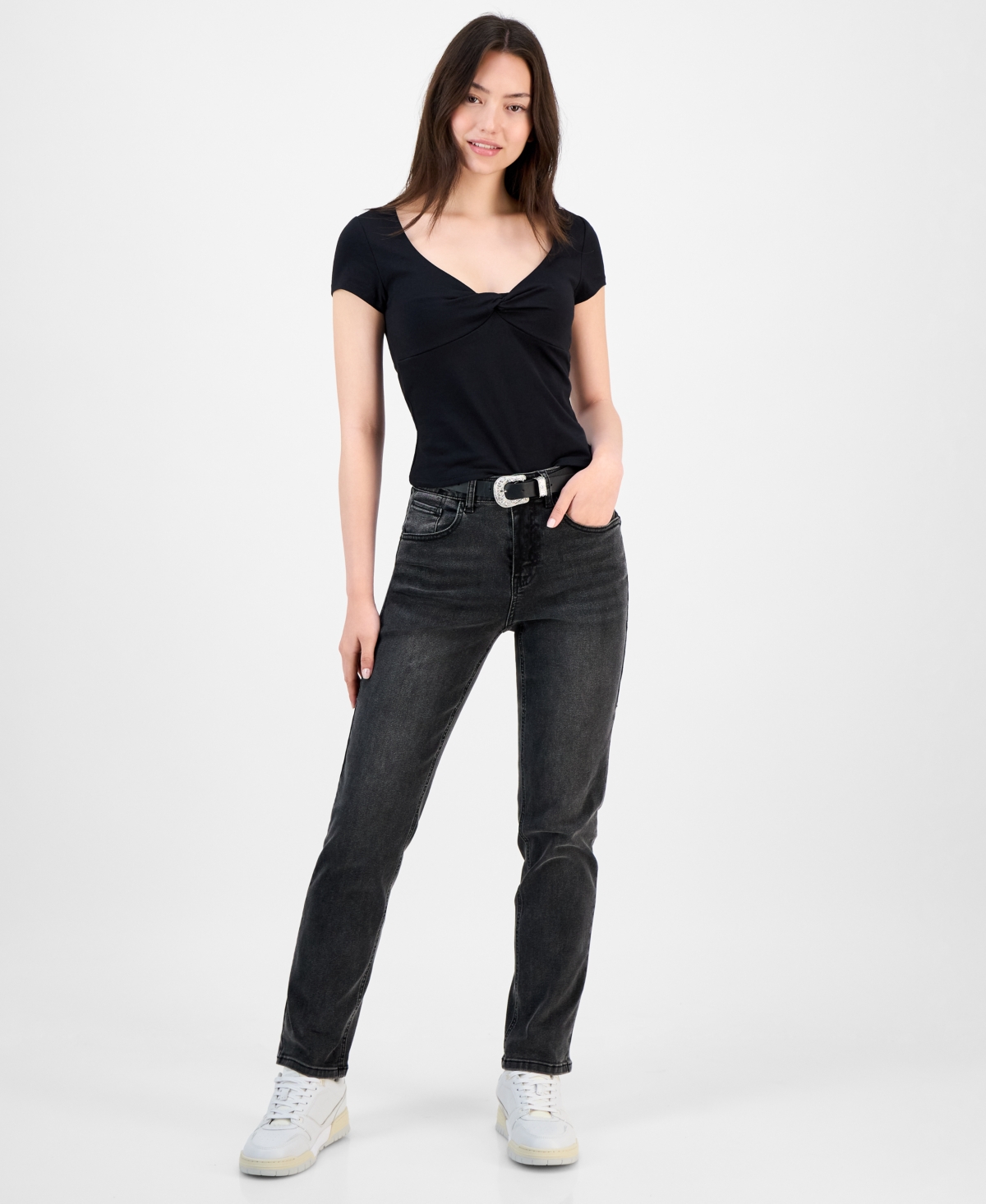 Juniors' Western Belt Relaxed Straight-Leg Jeans - Smogg Gray