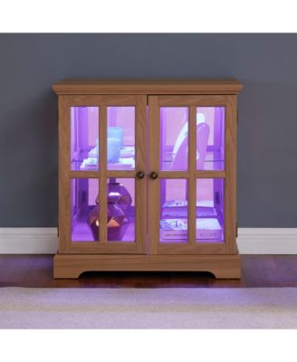 Antique LED Curio Display Cabinet, Adjustable Shelves, Lattice Doors, Oak Showcase