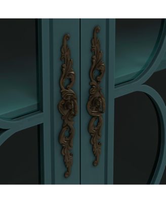 European Antique 4-Door Cabinet with Glass Doors for Living Space, Dark Green