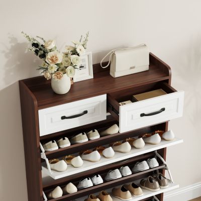 1250 walnut colored shoe cabinet, 3 doors and 2 drawers, PVC door design, large storage space