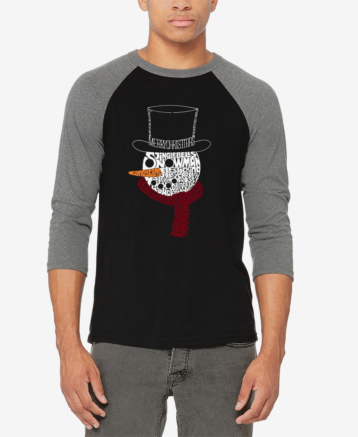 La Pop Art Men's Snowman Face Raglan Baseball Word Art T-shirt