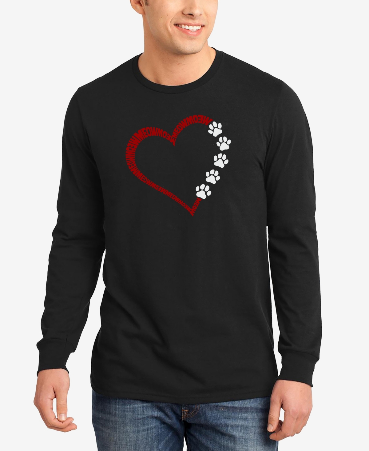 Men's Meow Heart Word Art Long Sleeve T-Shirt - Black