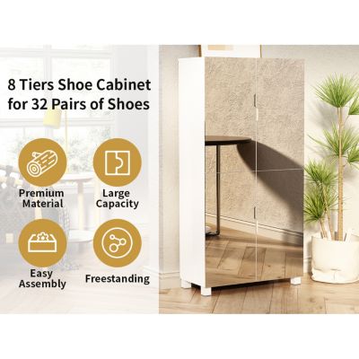 4-Drawer Shoe Cabinet with Mirror and 4-Door Closet (White
