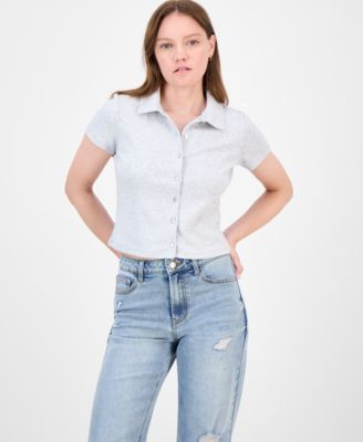 Ultra Flirt - Juniors' Button-Front Collared Short-Sleeve Top