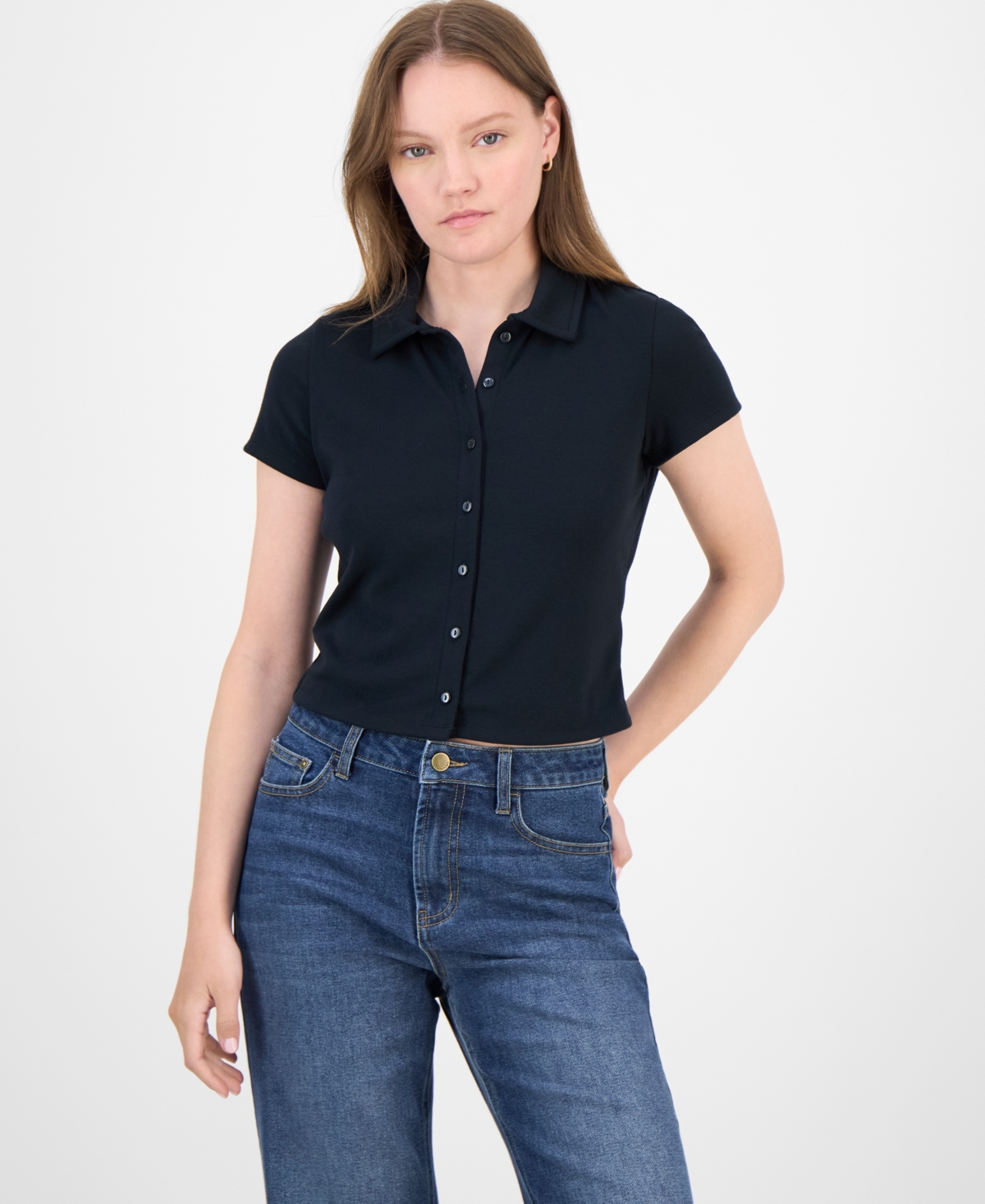 Ultra Flirt Juniors' Button-Front Collared Short-Sleeve Top