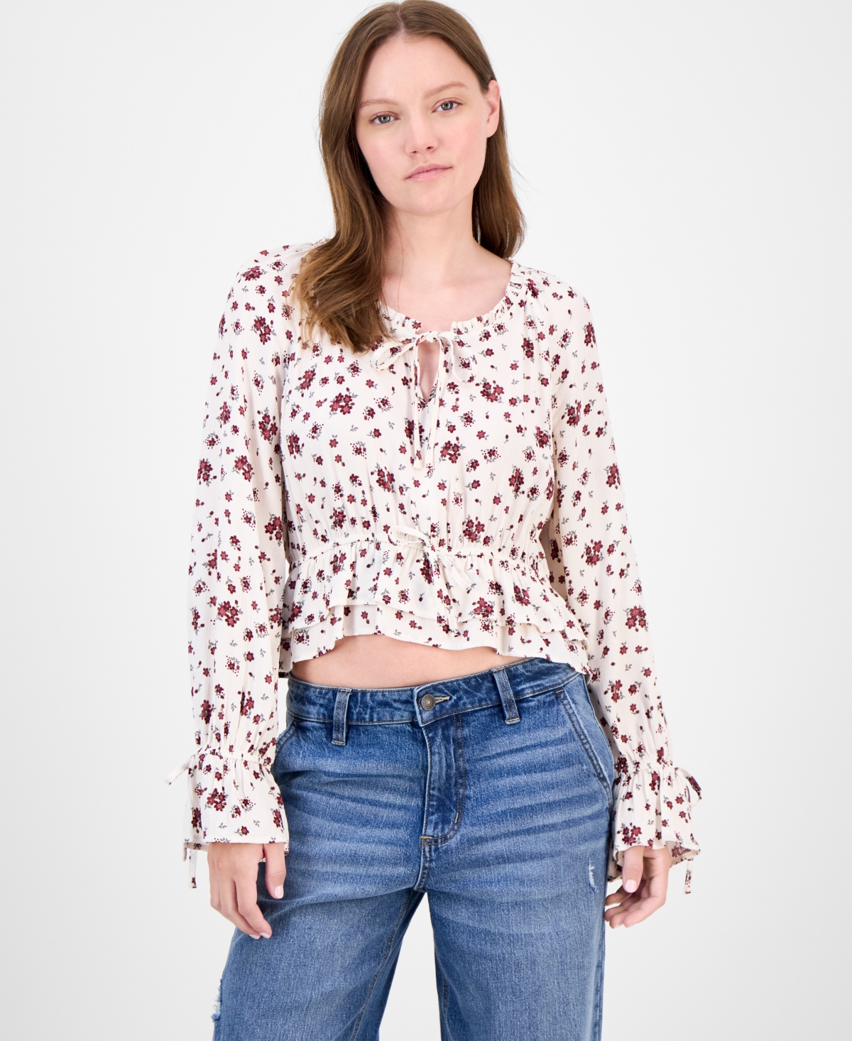 Juniors' Floral-Print Ruffle-Hem Peasant Top - Ivory/Tawny Port Floral