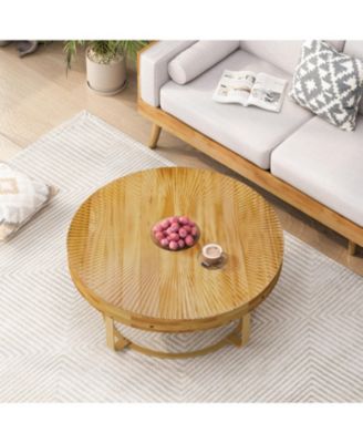 Modern Round Coffee Table with Carved Pine Top and Metal Legs