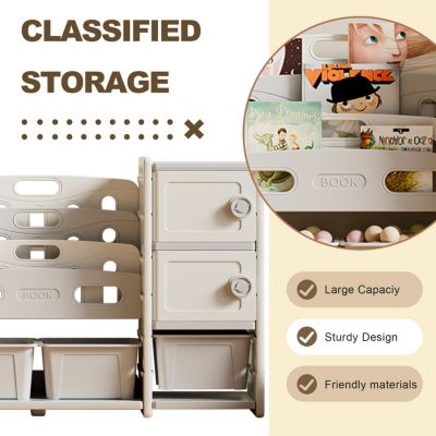 Kids Storage Organizer 8 Bins, 4-Tier Bookcase, 2 Cabinets