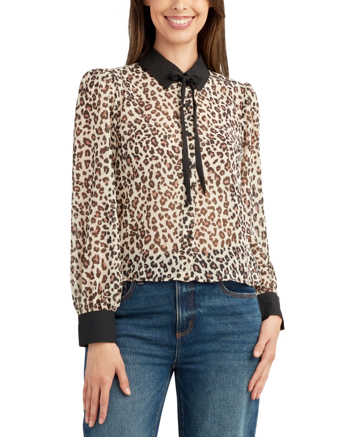 Juniors' Animal-Print Tie-Front Long-Sleeve Button Blouse - Cheetah