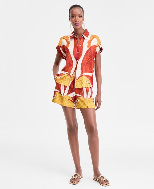 alfani I.N.C. International Concepts Women's Printed Button-Down Camp Shirt & Matching Drawstring Shorts Exclusively at Macy's Women's Fashion Shoes & Accessories