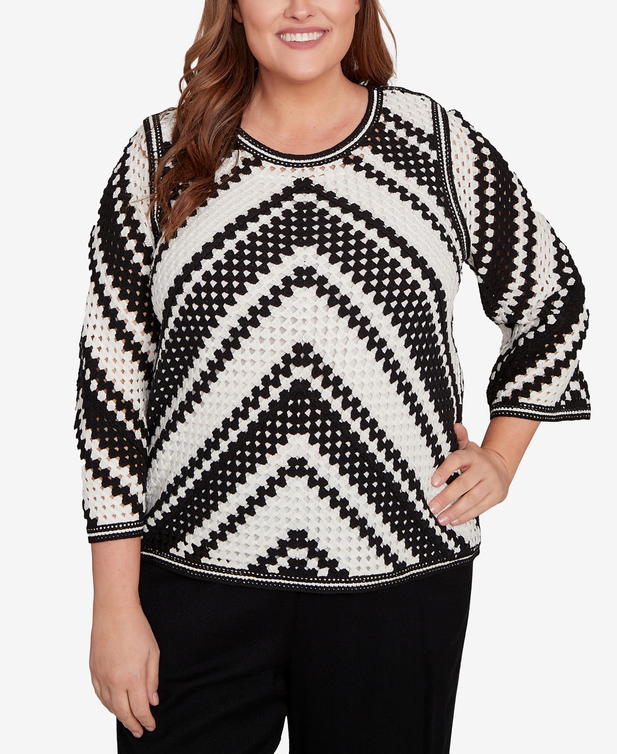 Plus Size Crochet Bell Sleeve Top - Black