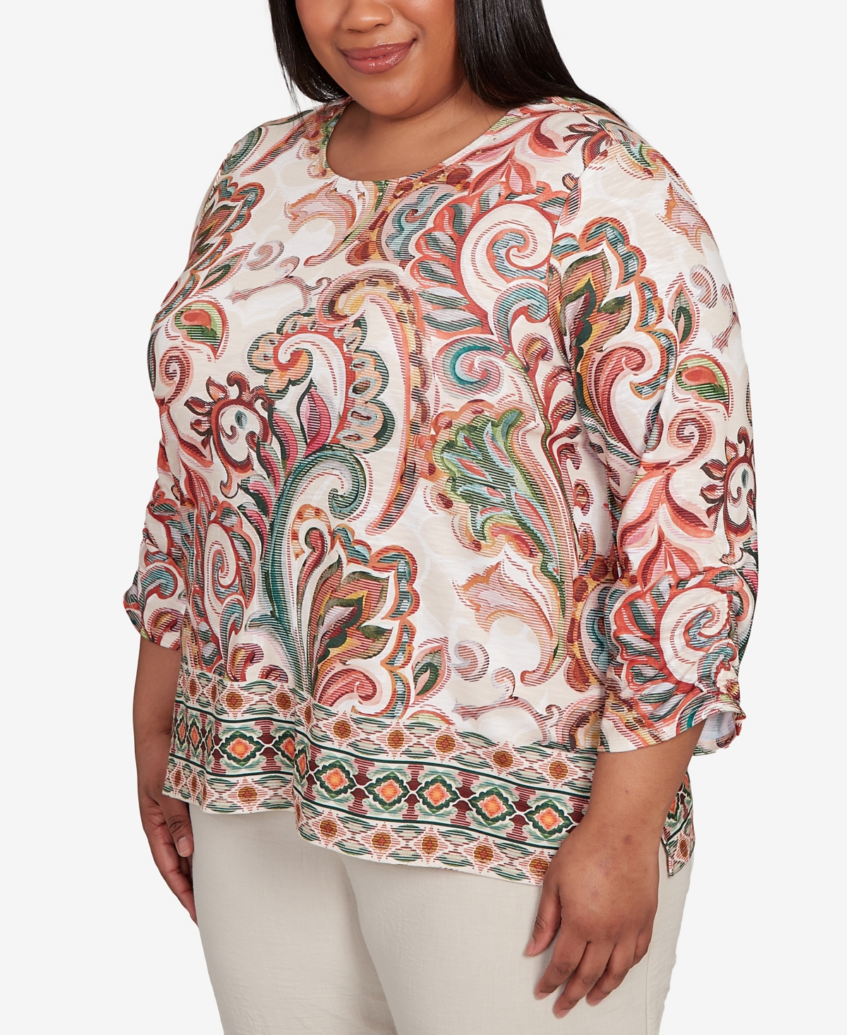 Alfred Dunner Petite Copper Canyon Textured Scroll Border Ruched Sleeves Crew Neck Top