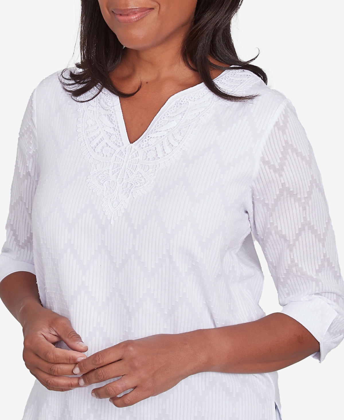 Alfred Dunner Plus Size Textured Split Neck Top