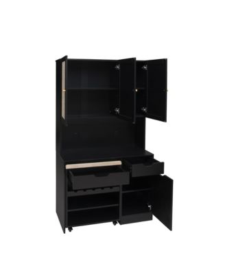 Streamdale Black Kitchen Pantry Cabinet w/ Rattan Doors & Microwave Stand