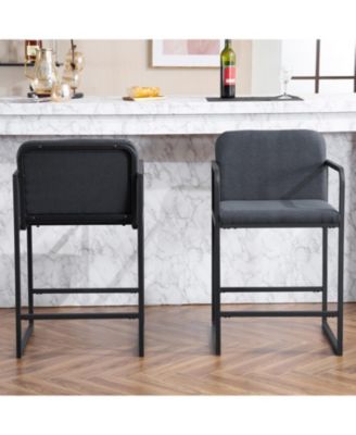 Modern Counter Height Upholstered Bar Stool with Armrests & Metal Frame - Set of 2