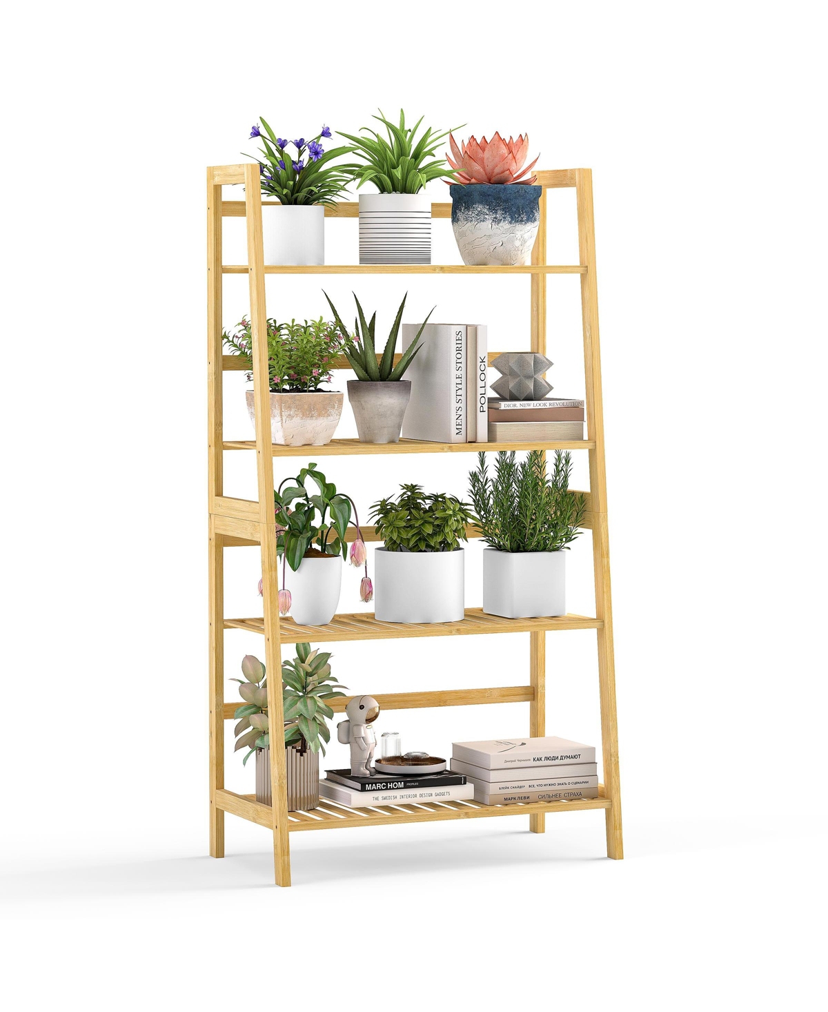 4-Tier Bamboo Ladder Shelf Multipurpose Bookcase, Plant Stand, or Storage Rack - Natural