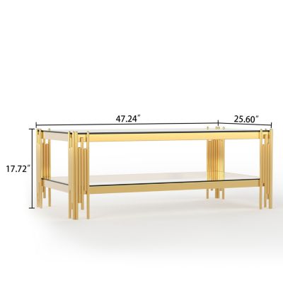  Top and Bottom Double Layer Tempered Glass Coffee Table and Mirror Finished Stainless Steel Frame