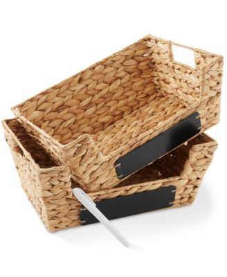 (Set of 2) Water Hyacinth Pantry Baskets with Handles and Chalkboard Labels - Espresso, Wide Woven Storage Baskets for Kitchen Shelves