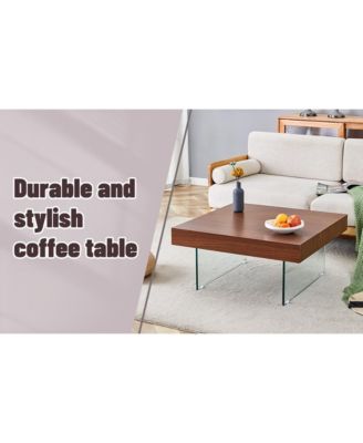  Walnut Square Coffee Table with Tempered Glass Legs
