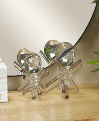Crystal Jack Inspired Decorative Sculpture with Clear Resting Orbs, Set of 2