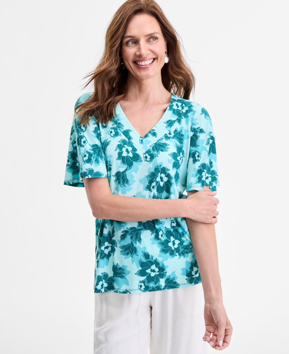 Women's Printed Crepe V-Neck Short Sleeve Top, Exclusively at Macy's - Spruced Up Combo