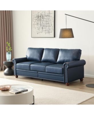 Living Room Round Arm with Silver Nails Sofa Navy Blue Faux Leather