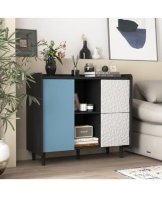 Black Sideboard Cabinet with Red Doors, 2 Drawers