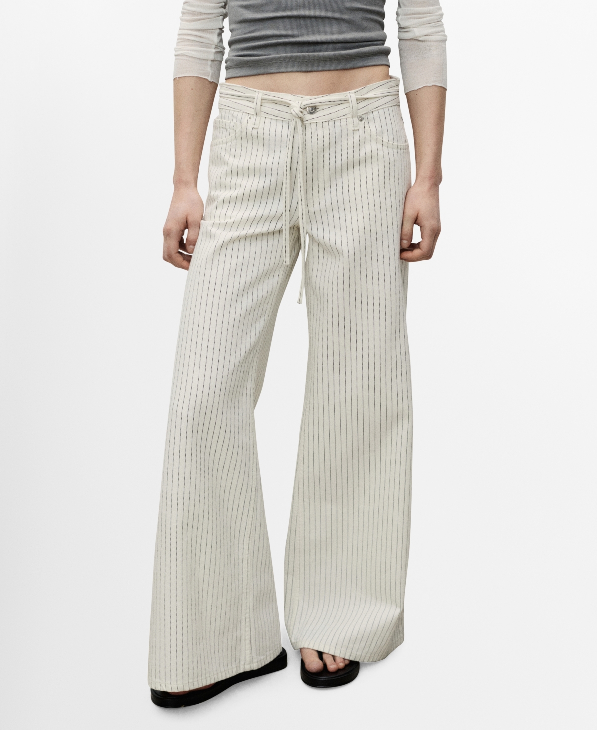 Shop Mango Women's Stripes And Belt Wide Leg Jeans