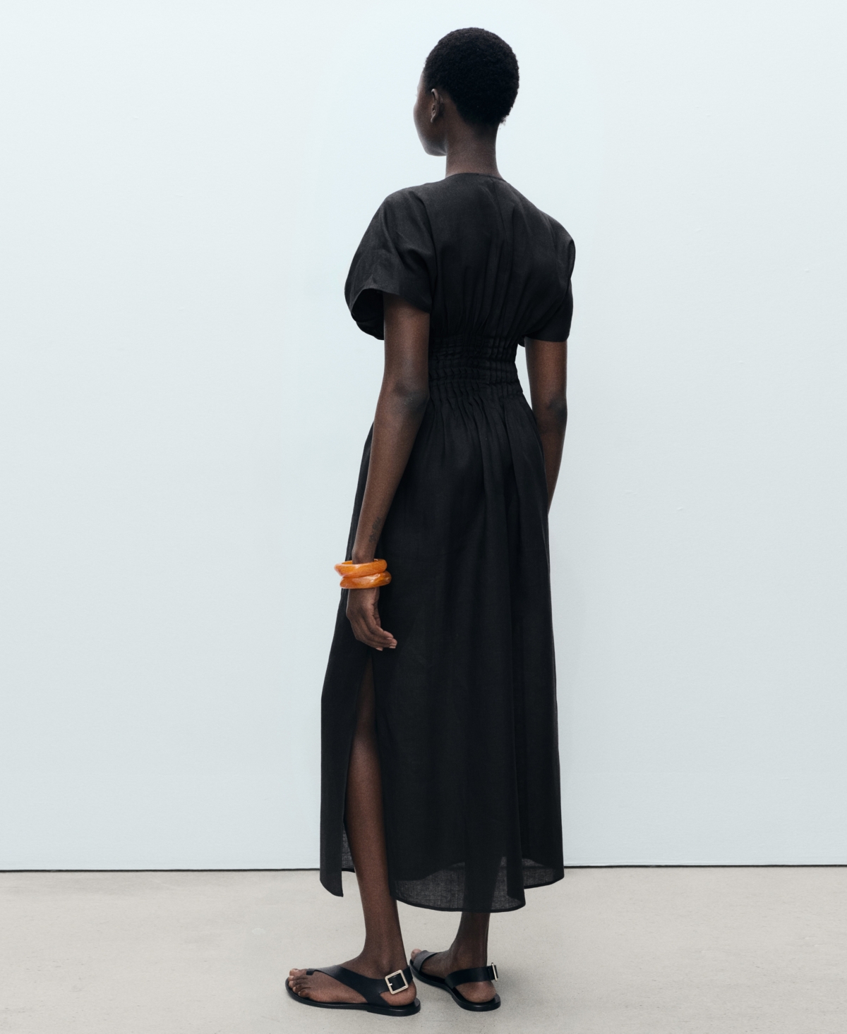 Mango Smocked Waist Linen Blend Maxi Dress In Black