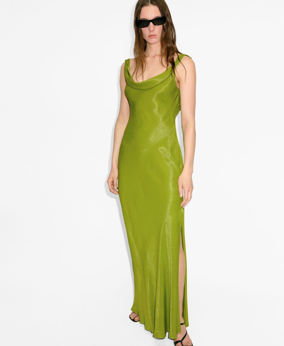 Shop Mango Women's Draped Neck Satin Texture Dress
