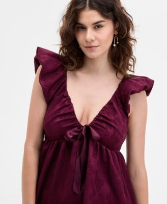 Juniors' Jacquard Ruffled Babydoll Mini Dress