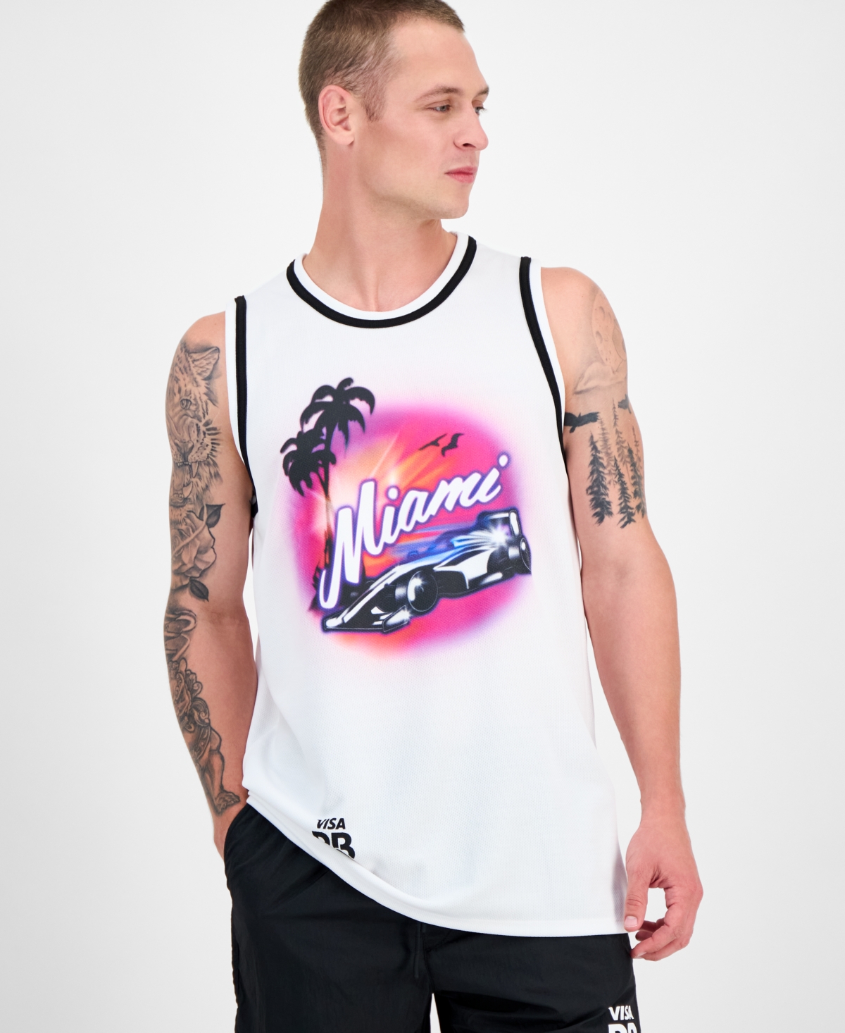 Hugo by Hugo Boss Men's Miami Drapes Slim Fit Textured Graphic Tank - White