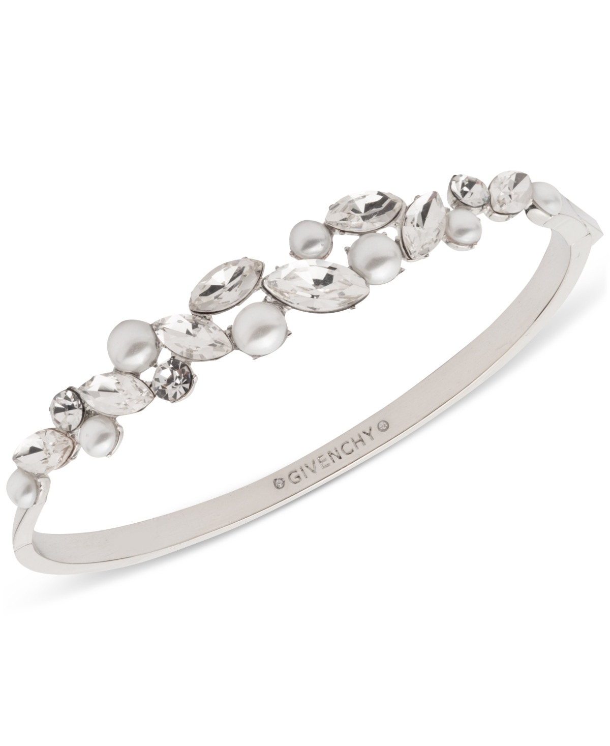 Silver-Tone Crystal & Imitation Pearl Bangle Bracelet - White