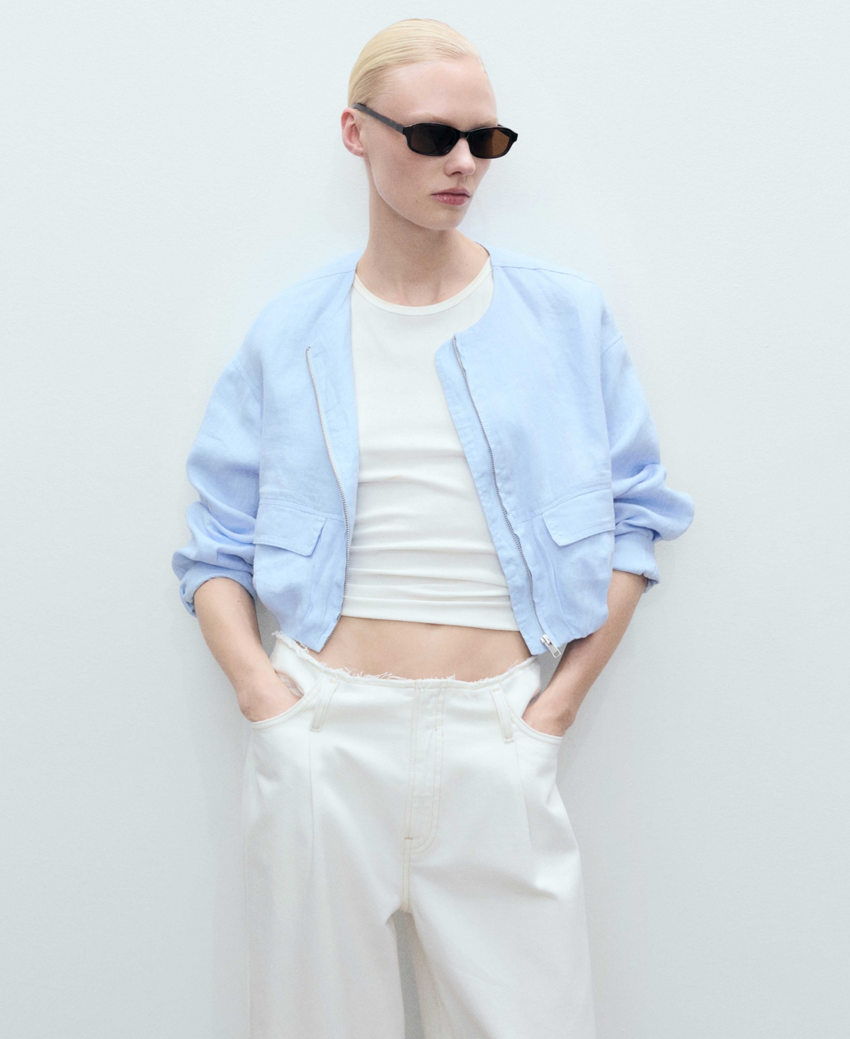 Mango Cropped Linen Jacket With Pockets Sky Blue