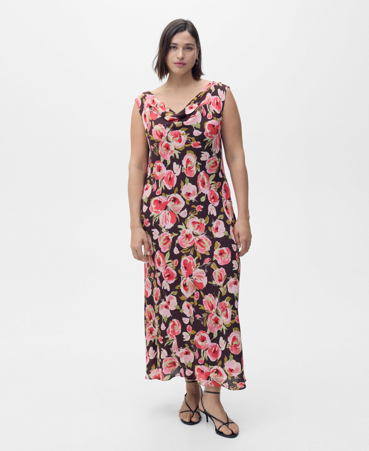 Mango Floral Print Cowl Neck Sleeveless Midi Dress