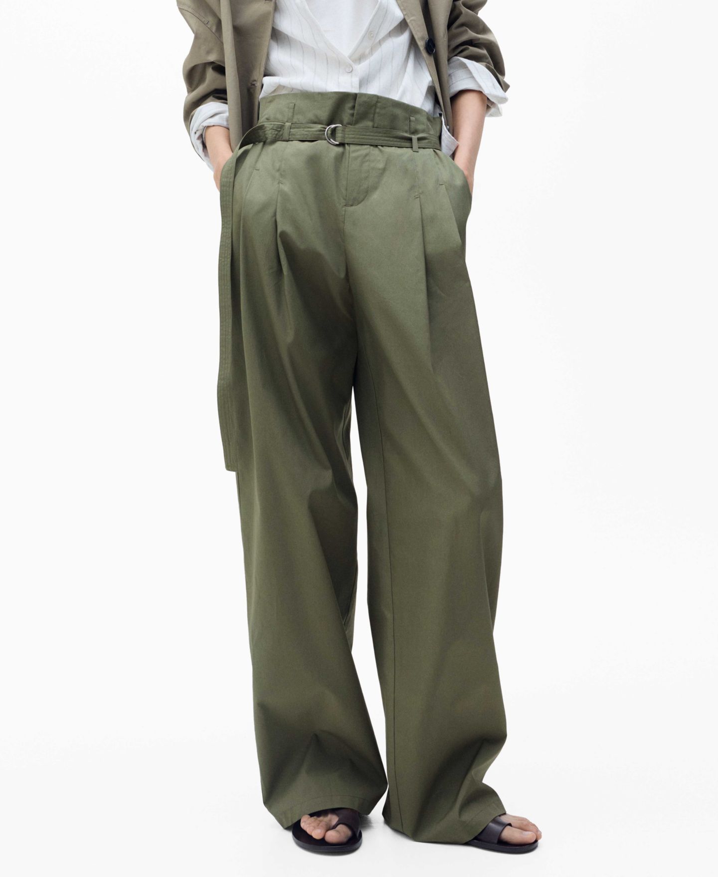 Женские брюки Mango Belted Wide Leg Cotton, цвет: Хаки — фото 1