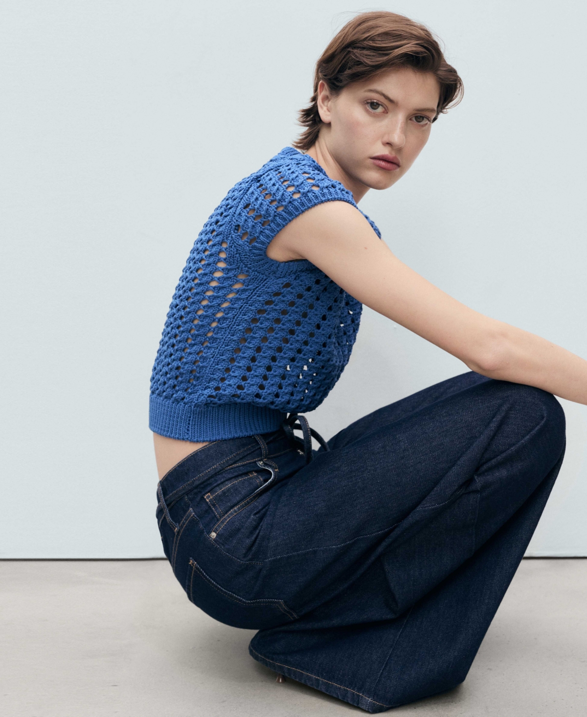 Mango Short Sleeve Open Knit Sweater In Blue