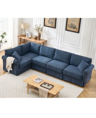 Convertible Sectional Sofa Set: 5-Seat L-Shaped Couch, Reversible U-Shape with Rolled Arms in Soft Dark Blue Linen