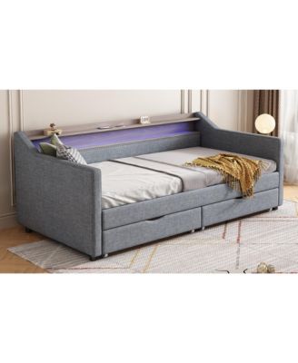 Twin Daybed with Storage, Shelves & USB Ports, Linen Upholstered Sofa with LED Light